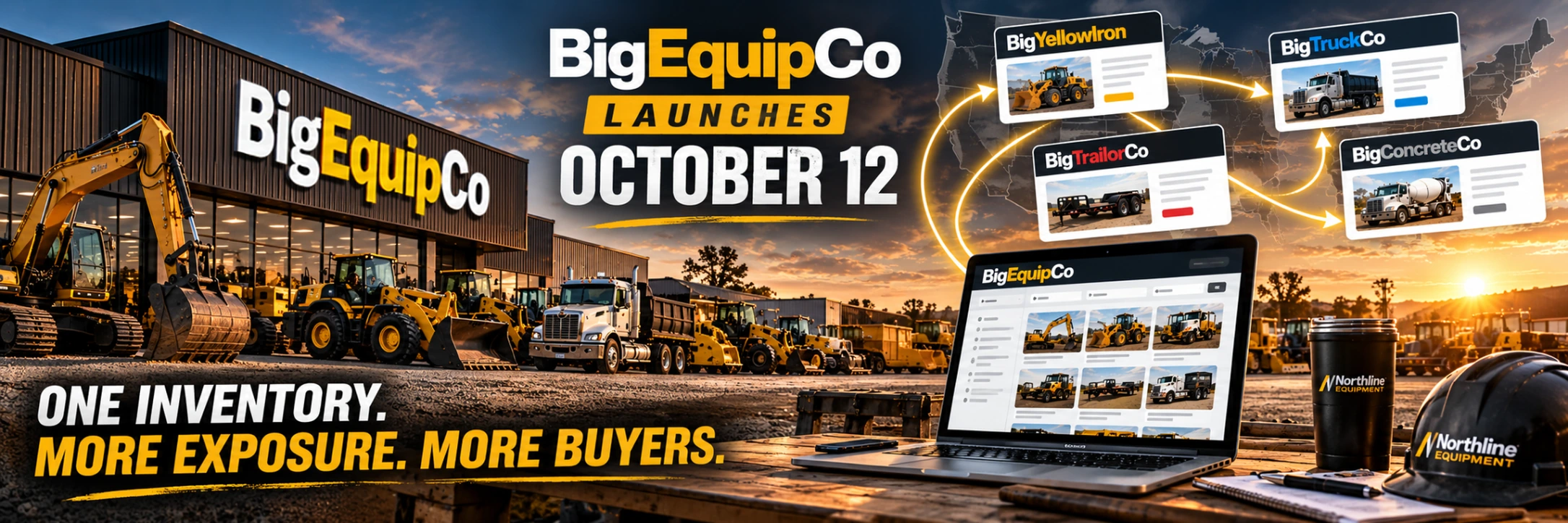 BigEquipCo launch announcement showing heavy equipment dealers connected to one inventory and multiple specialized marketplaces