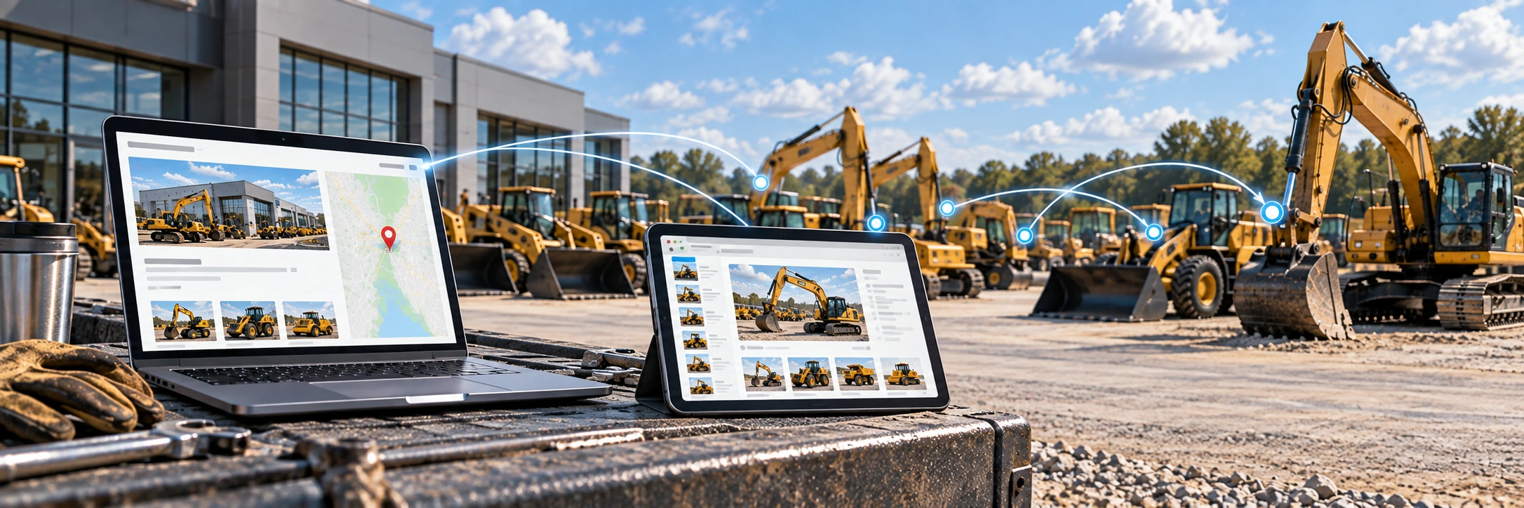 Heavy equipment dealership website and equipment marketplace shown as connected destinations using the same inventory