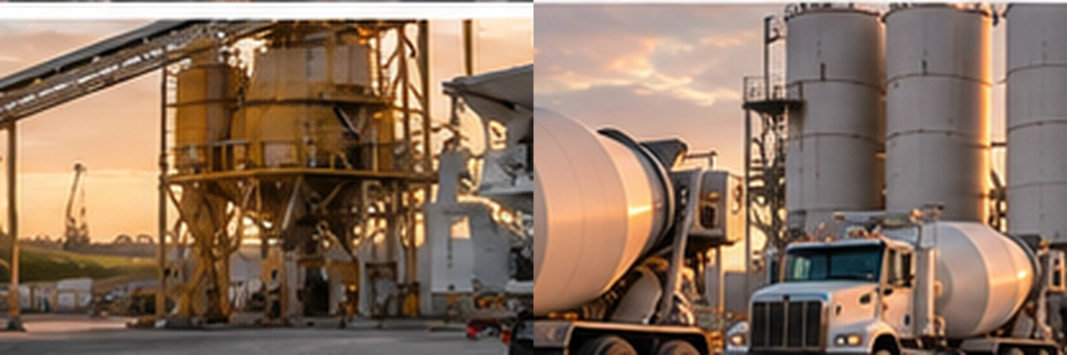 American concrete batch plant showing dry batch truck-loading lane beside a central wet mixer configuration