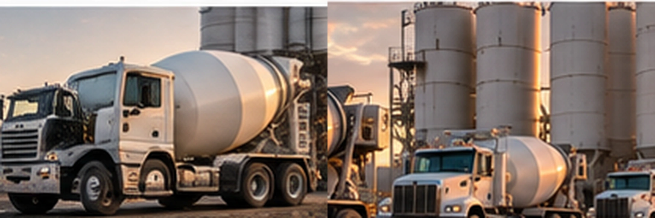American front-discharge and rear-discharge concrete mixer trucks positioned side by side at a ready-mix plant