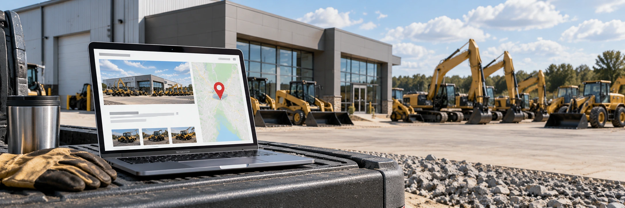 American heavy equipment dealership branch with excavators and loaders outside while a location page and map interface appear in the foreground