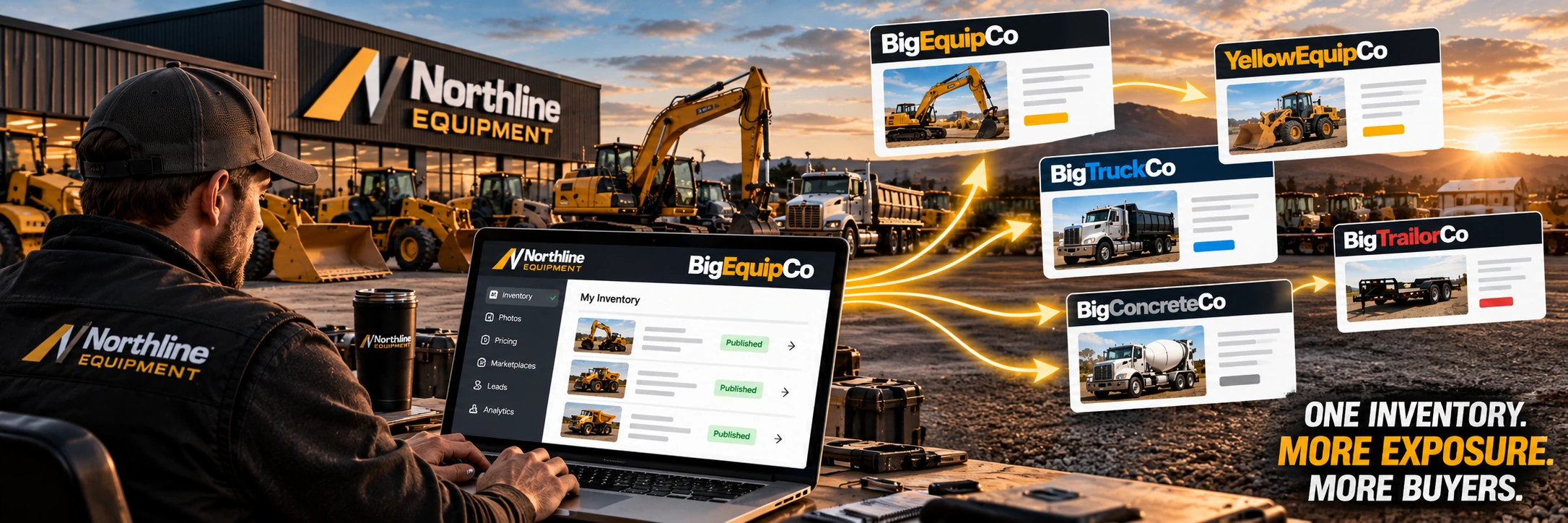 Heavy equipment inventory flowing from one dealer system into several specialized buyer channels