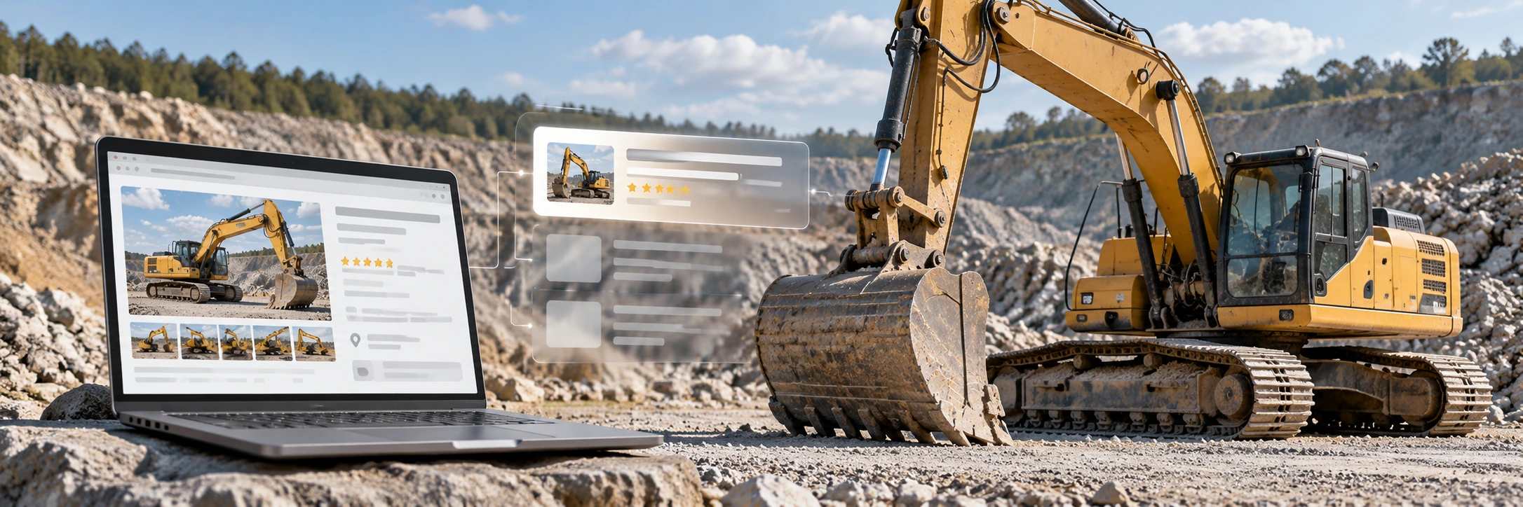 Heavy equipment dealer inventory website with technical SEO structured data code beside construction equipment listings