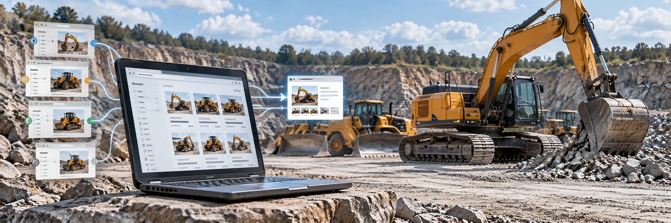 Heavy equipment inventory search page with filters URL parameters and technical SEO canonical diagram