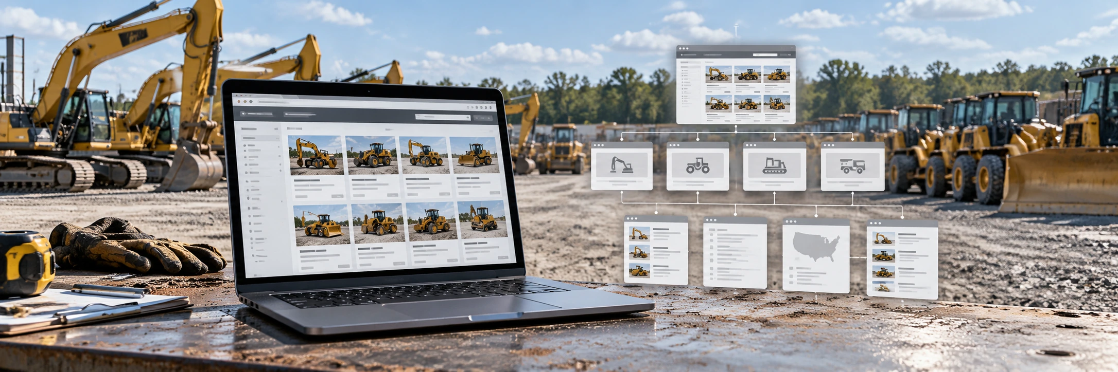 Heavy equipment dealer website sitemap dashboard connected to rows of excavator, loader and truck inventory in an American dealership yard