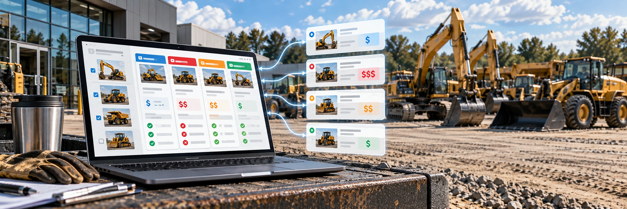 Heavy equipment dealer comparing online marketplace listing costs, inventory workflow and buyer exposure