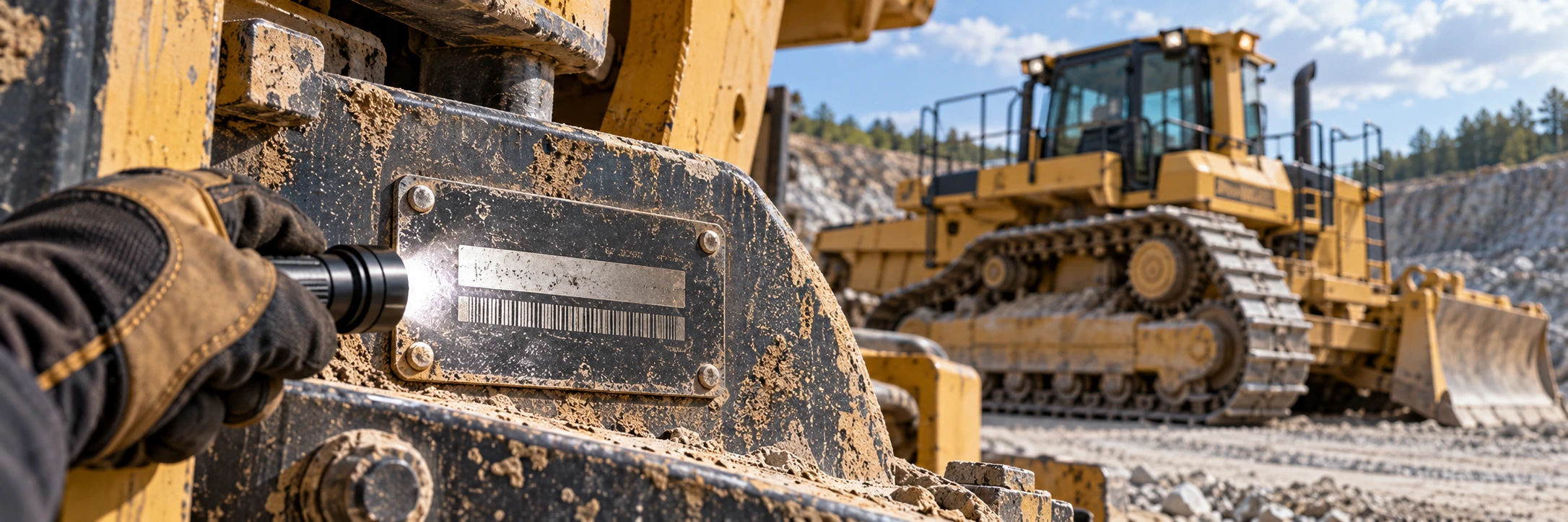 Heavy equipment product identification plate and serial number being verified during a used-machine inspection