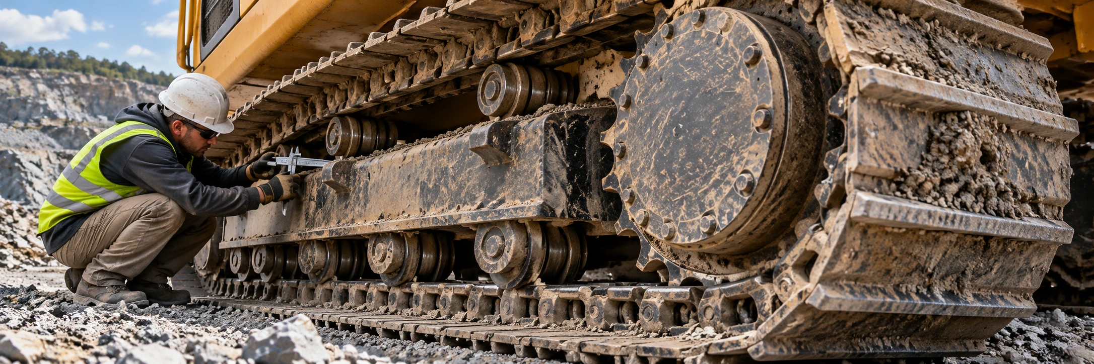Close inspection of crawler heavy equipment tracks rollers sprockets and undercarriage wear in a dealer yard