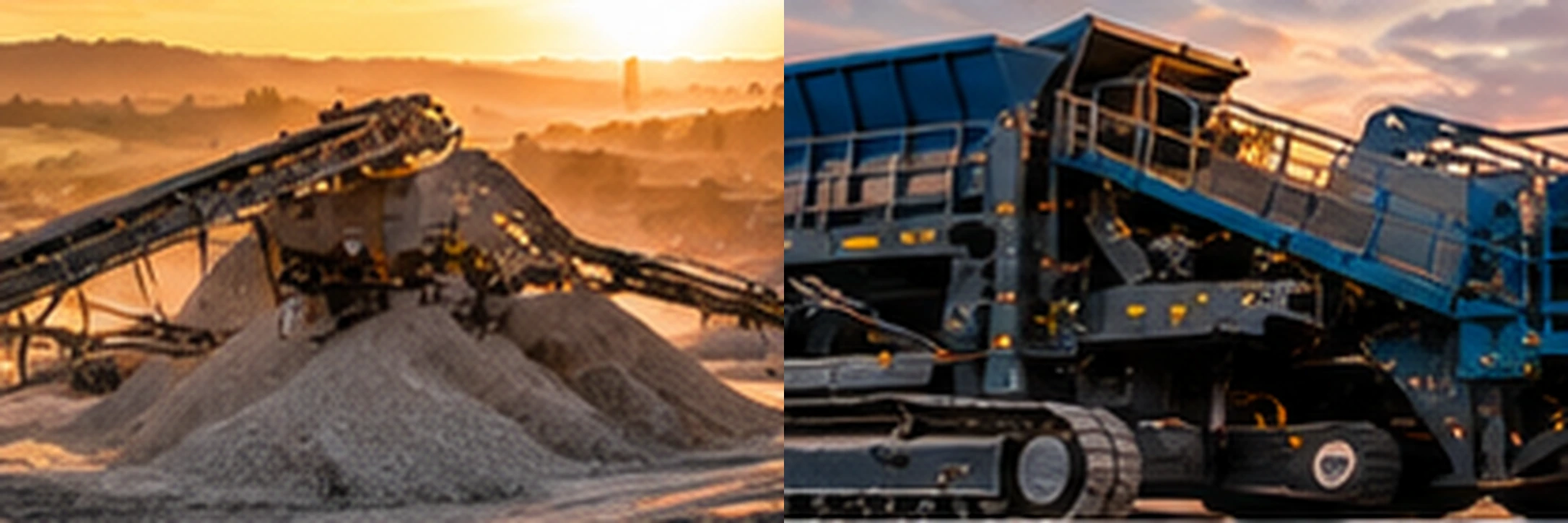 Jaw crusher feeding a cone crusher in an American aggregate quarry with conveyors and screened rock stockpiles