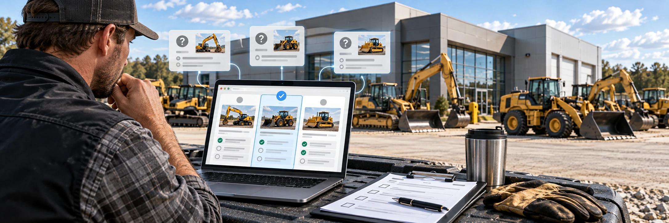 Heavy equipment dealer reviewing a checklist before choosing an online equipment marketplace