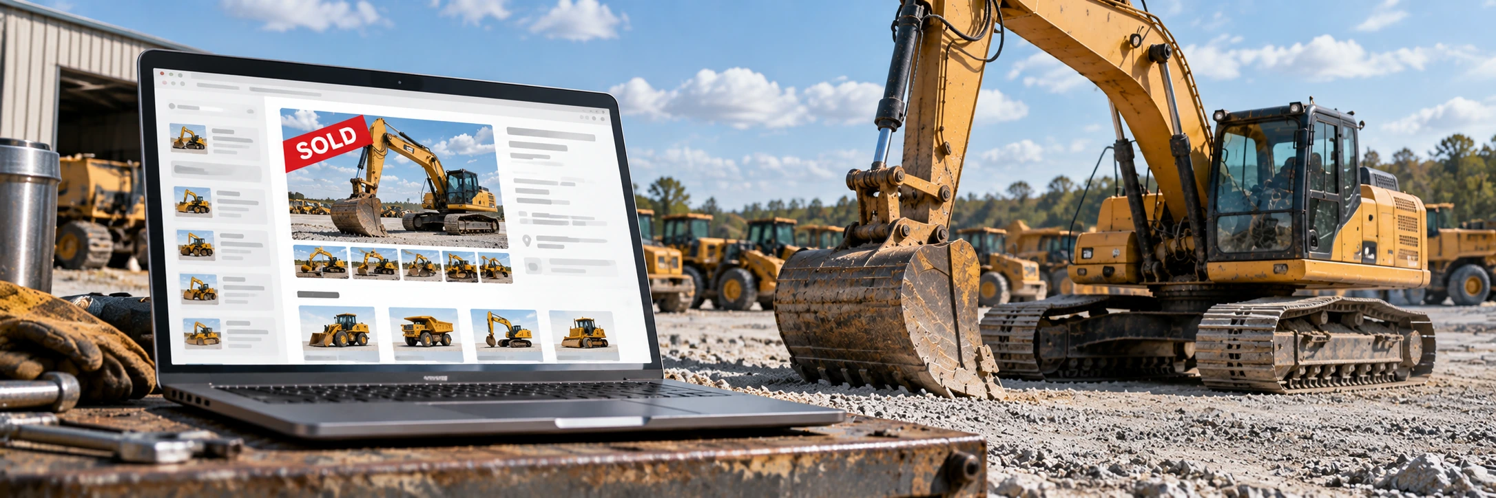 Heavy equipment dealership website displaying a sold excavator listing with replacement equipment suggestions and SEO status options