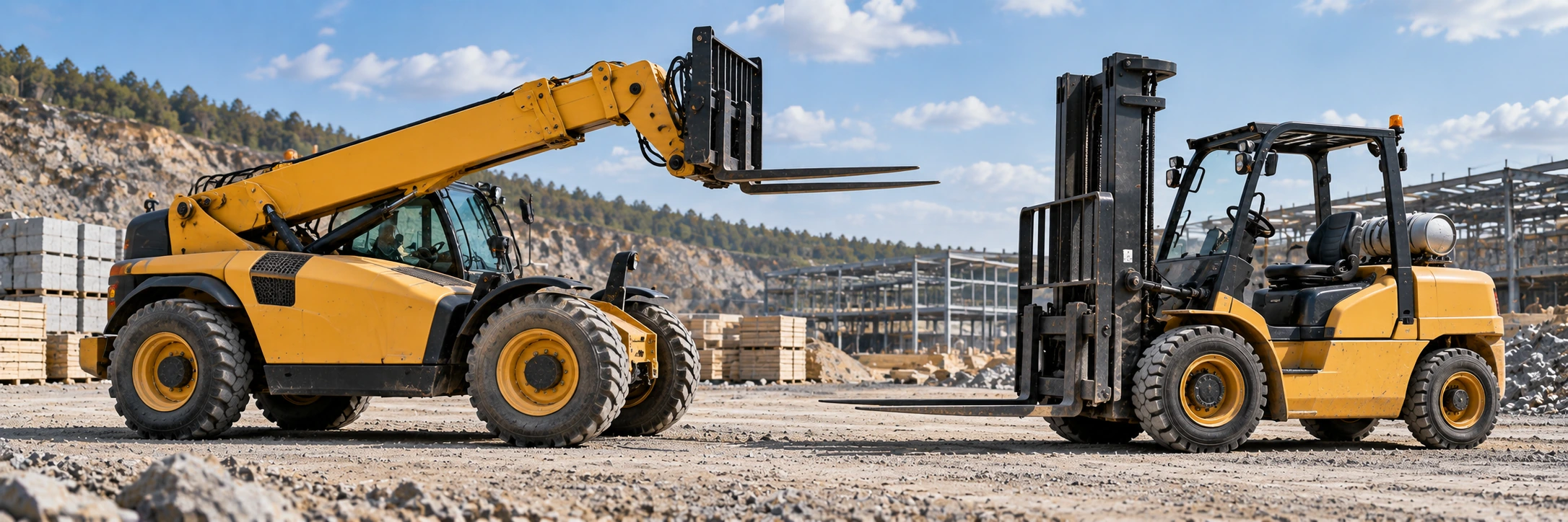 Telehandler and vertical mast forklift compared side by side in construction and warehouse material handling environments