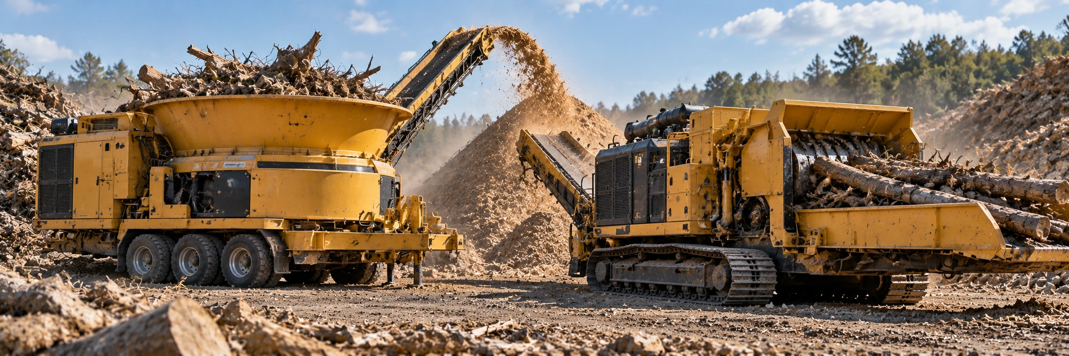 Tub grinder and horizontal grinder processing wood waste in an equipment yard