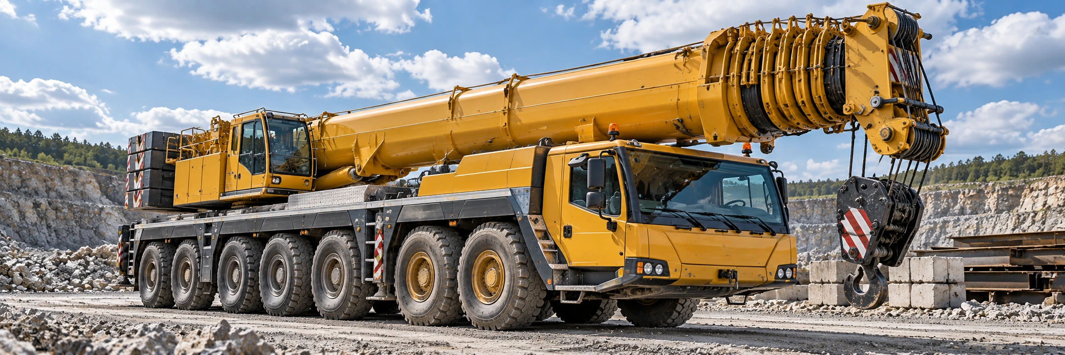 Used all-terrain crane inspection showing telescopic boom outriggers multi-axle carrier suspension tires and crane controls